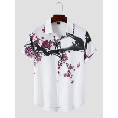 Mens Wintersweet Brushwork Print Short Sleeve All Matched Shirts