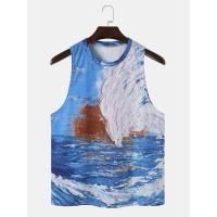 Men Landscape Print Art Style O Neck Sleeveless Cool Top