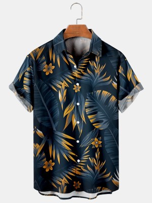 Men's Hawaiian Leaf Print Lapel Short Sleeve Shirt