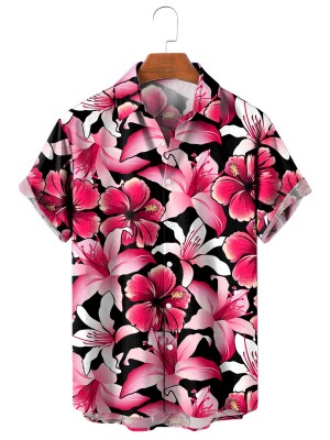 Men's Resort Pink Hibiscus Lily Short Sleeve Shirt