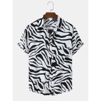 Mens Zebra Print Lapel Button Up Short Sleeve Shirts