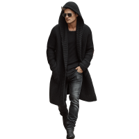 Men's Autumn And Winter Fashion Solid Color Cotton Yarn Knitted Long Hooded Cardigan MTA2378I9P