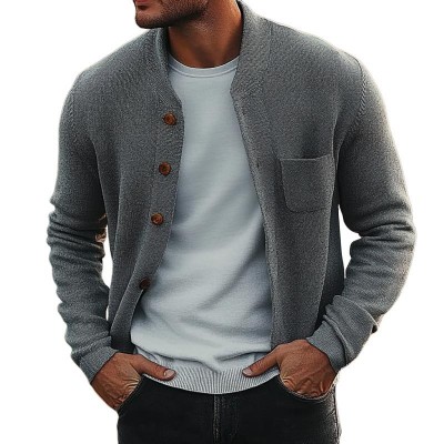 Men's Retro Crew Neck Knitted Chest Pocket Cardigan 89421325Y Men's Retro Crew Neck Knitted Chest Pocket Cardigan 89421325Y
