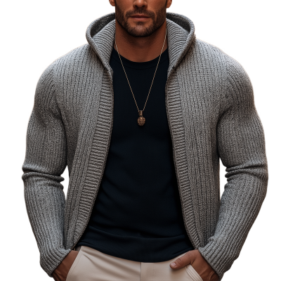 Men's Basic Solid Color Slim Fit Hooded Zip-up Knit Cardigan MTA1113K7U