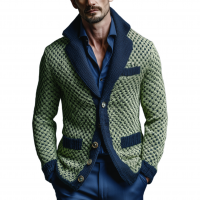 Men's Classic Casual Lapel Green And Navy Blue Slim Jacquard Knit Cardigan MTA2659I6K