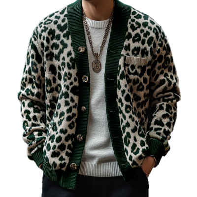 Men's Vintage Leopard Jacquard Colorblock Single Breasted Cardigan 17268231Y Men's Vintage Leopard Jacquard Colorblock Single Breasted Cardigan 17268231Y